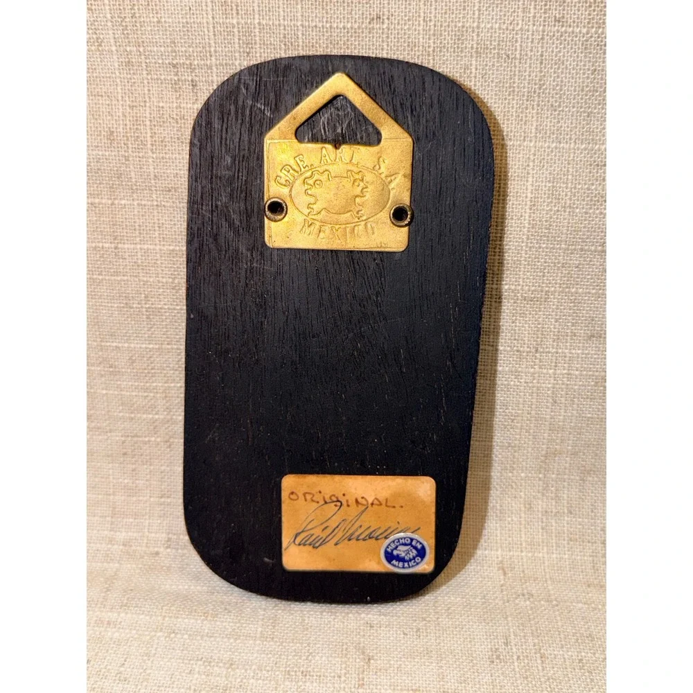 Vintage Cre Art SA Mexico Mary Wood Brass Plaque Enamel Mid Century Modern Art